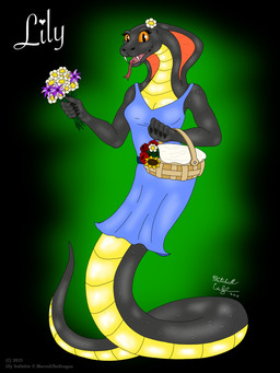 accessory amber_eyes anthro apode basket black_body clothed clothing container dress fangs fantasy female flower flower_in_hair hair hair_accessory legless looking_at_viewer plant serpentine simple_background smile solo split_form teeth tongue marvokthedragon lily_scalmira_(marvokthedragon) cobra draconcopode lamia naga reptile scalie snake 3:4 absurd_res digital_media_(artwork) hi_res