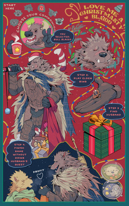 anthro armor biped black_sclera blonde_hair breastplate candy candy_cane christmas_clothing christmas_headwear christmas_present cloak clothing dessert duo facial_scar food fur gift grey_body grey_fur hair hair_over_eyes hand_holding hat headgear headwear holidays male male/male open_mouth open_smile purple_eyes santa_hat scar smile text yellow_body yellow_fur eruprior christmas elden_ring fromsoftware blaidd_(elden_ring) bovid bovine canid canine canis cattle mammal wolf 2022 absurd_res digital_media_(artwork) english_text hi_res