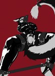 anthro bdsm bondage bound chastity_cage chastity_device chastity_piercing clothing cuffs_(clothing) easy_access genital_piercing genitals latex latex_clothing leg_cuffs male permanent_chastity_device piercing restraints sheath_cage solo straitjacket tail alazka xayr sergal hi_res