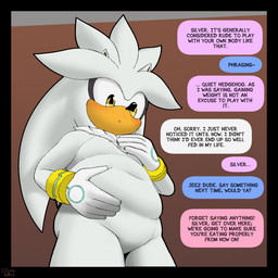 anthro belly belly_squish black_border border chest_tuft featureless_chest featureless_crotch fur grey_body grey_fur humanoid_hands looking_down looking_down_at_self male navel offscreen_character slightly_chubby slightly_chubby_anthro slightly_chubby_male solo speech_bubble squish standing talking_to_another tan_body text tuft yellow_eyes silvia_nexus_(artist) sega sonic_the_hedgehog_(series) silver_the_hedgehog eulipotyphlan hedgehog mammal 1:1 2026 english_description english_text hi_res
