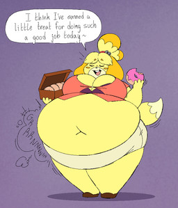 anthro belly big_belly big_breasts black_nose blonde_hair breasts buckteeth button_(fastener) cleavage clothed clothing dessert dipstick_tail doughnut doughnut_box eyes_closed female food fur hair holding_food holding_object huge_belly markings motion_lines navel obese obese_anthro obese_female open_mouth open_smile overweight overweight_anthro overweight_female pastry rumbling_stomach simple_background smile solo standing straining_buttons tail tail_markings teeth text yellow_body yellow_fur beeblimp jalpunny animal_crossing nintendo isabelle_(animal_crossing) canid canine canis domestic_dog mammal shih_tzu toy_dog 2026 english_text