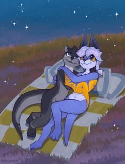 anthro cuddling duo grass hill male male/male outside plant star stargazing marsminer bat mammal mustelid otter 2025 hi_res
