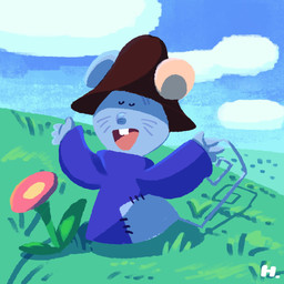 anthro biped blue_body chibi clothed clothing cloud eyes_closed flower hat headgear headwear open_mouth outside plant smile solo hikari_gamba gamba_no_bouken gamba_no_bouken_(series) shijin mammal mouse murid murine rodent 1:1 2024 hi_res