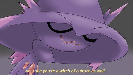 ambiguous_gender close-up clothing eyes_closed gradient_background grey_background hat headgear headwear not_furry parody purple_body simple_background smile solo text duskull_(artist) nintendo pokemon generation_4_pokemon ghost mismagius pokemon_(species) spirit 16:9 2018 english_text meme reaction_image widescreen