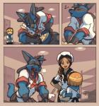 anthro baking chef_uniform clothing cooking eyes_closed female group humor male muscular muscular_male musical_note musical_symbol open_mouth pokemorph red_eyes school_uniform smile symbol tail teeth tongue tongue_out uniform whistling window dahecksajerry nintendo pokemon canid canine generation_4_pokemon human lucario mammal pokemon_(species) comic