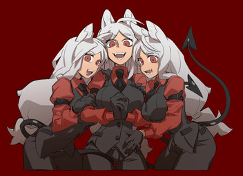 5_fingers ahoge big_breasts black_bottomwear black_clothing black_pants black_topwear bottomwear breasts clothed clothing collared_shirt dress_shirt eyelashes fangs female fingers fully_clothed gloves group hair handwear light_body light_skin long_hair looking_at_viewer monotone_hair necktie open_mouth open_smile pants ponytail red_background red_clothing red_eyes red_shirt red_topwear shirt simple_background small_waist smile spade_tail standing suit tail teeth topwear telson helltaker cerberus_(helltaker) animal_humanoid canid canid_demon canid_humanoid canine canine_humanoid demon humanoid mammal mammal_humanoid hi_res