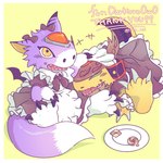 clothing cookie dress duo feral food forehead_gem fur gem maid_uniform male plate purple_body purple_fur uniform yellow_body yellow_fur sse_aee bandai_namco digimon digimon_(species) dorumon ryudamon x-digimon 1:1 hi_res