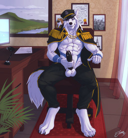 abs anthro balls biceps biped black_glans black_penis blue_eyes bodily_fluids bottomwear cape chair clothing computer cum cum_on_penis curtains desk electronics erection furniture genital_fluids genitals glans glowing glowing_eyes hand_on_penis hat headgear headwear humanoid_genitalia humanoid_penis looking_at_viewer male markings masturbation monitor muscular muscular_anthro muscular_male navel office pants pecs penile penile_masturbation penis plant sitting solo table tattoo wall_art white_balls window feralise pyro29 canid canine canis mammal wolf 2016 digital_media_(artwork) full-length_portrait hi_res portrait