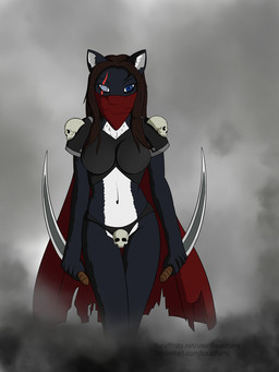 anthro armor assassin blade blind bone disability female knife melee_weapon nude skull smoke solo sword weapon liquidfurry 3:4 hi_res