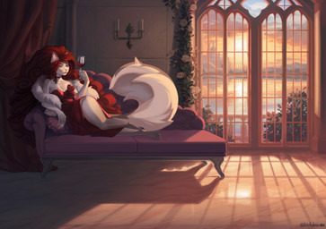 anthro blue_eyes brooch brown_hair candle chaise_lounge clothing container cup curly_hair curtains dress drinking_glass female flower fluffy fluffy_tail fur furniture glass glass_container glass_cup hair long_hair lying lying_on_sofa on_sofa pillar plant relaxing rose_(flower) sconce sofa solo sunset tail white_body white_fur white_roses window wine_glass kitik1 beatrix_(crimsir) domestic_cat felid feline felis mammal hi_res