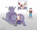all_fours ambiguous_gender anthro balls being_watched big_balls bodily_fluids butt butt_grab claws cutaway dialogue feet genitals hand_on_butt holding_onto_partner looking_at_another looking_at_butt looking_back male on_ground open_mouth rear_view saggy_balls size_difference smile sweat text toe_claws ayveri nintendo pokemon red_(pokemon) generation_1_pokemon generation_3_pokemon gengar pokemon_(species) spinda hi_res