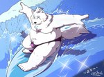 anthro bandage bandage_on_face belly bulge clothing fur hair male moobs navel nipples overweight ponytail sea solo speedo surfboard surfing swimwear water white_body white_fur shachi_ojisan lifewonders live_a_hero yohack canid canine canis domestic_dog mammal nordic_sled_dog samoyed spitz