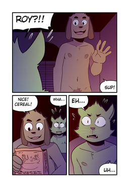5_fingers anthro armpit_hair body_hair brown_body brown_fur casual_nudity cereal_box cute_fangs dialogue duo fangs fingers floppy_ears fur gesture green_body green_fur greeting holding_object inside long_ears male male/male nipples pubes shocked speech_bubble speechless teeth text three_frame_image waving whiskers wide_eyed t0l0k roy_(t0l0k) ted_(t0l0k) canid canine canis domestic_cat domestic_dog felid feline felis mammal comic english_text hi_res multiple_scenes
