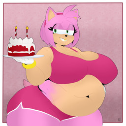 accessory anthro bedroom_eyes belly belly_overhang big_breasts bottomwear bra bracelet breasts brown_body butt cake cleavage clothed clothing collarbone countershade_torso countershading dessert dolphin_shorts exercise_clothing eyelashes fair_skin fat_arms fat_folds female food fur gloves green_eyes hair_accessory hairband half-closed_eyes hand_on_belly handwear head_tuft holding_object hotpants jewelry love_handles multicolored_body narrowed_eyes navel overweight overweight_female pink_body pink_fur seductive shorts smile solo sports_bra tail text thick_thighs three-quarter_view tuft two_tone_body underwear wide_hips supbunny_ly yapbunny sega sonic_the_hedgehog_(series) amy_rose eulipotyphlan hedgehog mammal 1:1 hi_res portrait signature three-quarter_portrait