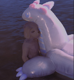 anthro black_nose blue_eyes brown_body brown_ears brown_fur detailed_background eyes_closed floppy_ears fur latex lop_ears male male_anthro monotone_body monotone_fur partially_submerged pool_toy realistic_lighting sea solo water white_latex water-s canid canine canis domestic_dog mammal 2026 hi_res