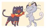 ambiguous_gender anthro chuckling duo feral hand_to_mouth judging looking_at_viewer looking_back quadruped semi-anthro standing unimpressed whiskers jamie_loughran nintendo pokemon alolan_form alolan_meowth felid generation_7_pokemon litten mammal pokemon_(species) regional_form_(pokemon) 2016 hi_res