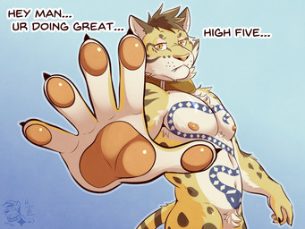 anthro armpit_hair athletic athletic_male black_claws blue_background body_hair bored brown_body brown_fur brown_hair brown_spots cheek_tuft claws collar collar_only cute_fangs deltoids dialogue facial_tuft fangs fur hair hand_focus inner_ear_fluff logo looking_at_viewer male neck_tuft nude nude_male pawpads pecs pink_nose short_hair simple_background snake_tattoo solo spots standing teeth text three-quarter_view tuft whisker_spots white_body white_fur yellow_body yellow_eyes yellow_fur ventkazemaru nekojishi studio_klondike likulau felid leopard mammal pantherine 2025 artist_logo artist_name dated english_text hi_res meme portrait three-quarter_portrait