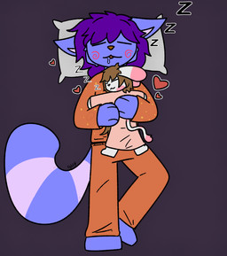 age_difference anthro bodily_fluids clothing drooling duo eyes_closed facial_markings female hair head_markings heart_symbol lying male male/female markings messy_hair on_back on_front on_top orange_clothing pajamas pillow pink_clothing pink_markings ring_(marking) ringed_tail saliva simple_background size_difference sleeping sleeping_together smaller_on_top sound_effects striped_markings striped_tail stripes tail tail_markings vowelless vowelless_sound_effect young zzz lightningb0lt01 chimi_(parmiheart) isabelle_(izzyybelles) hybrid lagomorph leporid mammal rabbit absurd_res hi_res