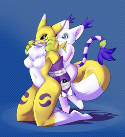 anthro armwear bdsm being_gagged black_sclera blue_eyes bondage bound breasts bridal_gauntlets clothing dipstick_ears dipstick_tail dominant dominant_female duo ear_markings ear_tuft fangs featureless_breasts female female/female fur gag gagged gloves hands_behind_back handwear larger_sub leg_markings looking_back markings multicolored_body multicolored_ears multicolored_fur multicolored_tail navel neck_tuft pattern_background ring_(marking) ringed_tail simple_background size_difference socks_(marking) striped_markings striped_tail stripes submissive tail tail_markings tail_tuft tape tape_bondage tape_gag teeth tuft two_tone_body two_tone_fur whiskers white_body white_fur yellow_body yellow_fur zinnick bandai_namco digimon canid canine digimon_(species) felid feline felis gatomon mammal renamon hi_res