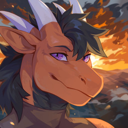 ambiguous_anthro ambiguous_gender anthro backlighting black_body black_hair brown_clothing brown_topwear clothed clothing detailed_background front_view glistening glistening_eyes hair horn light looking_at_viewer mohawk mouth_closed orange_body pupils purple_eyes short_hair slit_pupils solo topwear white_horn corzh77 mythology dragon mythological_creature mythological_scalie scalie 1:1 bust_portrait detailed hi_res lighting portrait