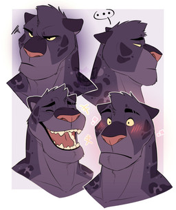 anthro black_eyebrows blush collarbone eyebrows fangs laugh male markings nude pink_nose pink_tongue simple_background small_ears snout solo teeth tongue yellow_eyes thediyemi felid mammal pantherine colored digital_drawing_(artwork) digital_media_(artwork) flat_colors hi_res