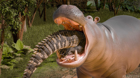 big_teeth brown_body brown_eyes brown_scales brown_skin duo feral feral_pred forest grass open_mouth oral_vore pink_mouth plant realistic_feral scales tail tree vore kenresek crocodilian hippopotamid mammal reptile scalie 16:9 3d_(artwork) blender_(artwork) digital_media_(artwork) hi_res watermark widescreen
