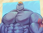 abs grey_body grin male markings muscular muscular_male pecs red_markings simple_background smile solo jasperthecrab nintendo pokemon generation_1_pokemon machoke pokemon_(species) bust_portrait hi_res portrait