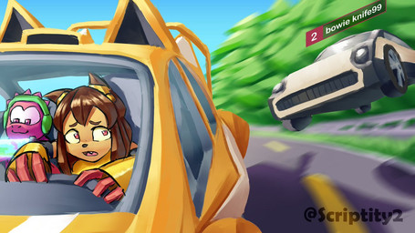 anthro brown_hair car day driving electronics eyebrows female hair headphones midair motion_blur oblivious raised_inner_eyebrows road smile text vehicle worried scriptity2 forza forza_horizon gameoverse glitch_productions microsoft playground_games xbox_game_studios bowie_knife99 gobbles_(gameoverse) kit_bodega dinosaur domestic_cat felid feline felis mammal prehistoric_species reptile saurischian scalie theropod tyrannosaurid tyrannosauroid tyrannosaurus tyrannosaurus_rex 16:9 2026 artist_name crossover english_description watermark widescreen