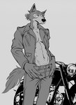 abs anthro clothed clothing jacket male motorcycle muscular muscular_male open_clothing open_jacket open_topwear scar solo topwear vehicle smagma beastars legoshi_(beastars) canid canine canis mammal wolf absurd_res greyscale hi_res monochrome