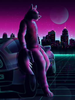 anthro bottomwear car city cityscape clothing dark denim denim_bottomwear denim_clothing detailed_background digitigrade grid gun handgun jacket jeans letterman_jacket male moon neon night pants pistol ranged_weapon solo star synthwave topwear vehicle weapon dream_and_nightmare delorean hotline_miami dennis_(hotline_miami) canid canine canis mammal wolf 3:4 chromatic_aberration hi_res