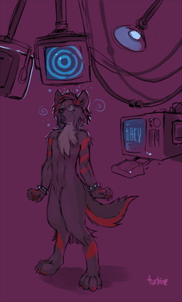 anthro bracelet computer electronics hypnosis jewelry male markings mind_control monitor nude solo tail text turbinedivinity spark-wolf canid canine canis mammal wolf english_text signature