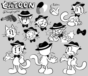 @_symbol anthro black_bow_tie bow_tie claws clothing fedora feet hat headgear headwear male soles solo text whiskers toonycryptid catoon_(toonycryptid) domestic_cat felid feline felis mammal character_name hi_res