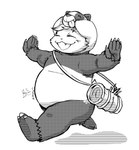 anthro belly blush clothing costume kigurumi male onesie overweight running smile solo young young_anthro young_male kosenart cyberconnect2 fuga:_melodies_of_steel little_tail_bronx boron_brioche bear domestic_cat felid feline felineko felis giant_panda mammal absurd_res hi_res monochrome