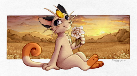 ambiguous_gender anthro black_body black_ears black_fur closed_smile flower fur glistening glistening_eyes grey_eyes holding_flower holding_object meadow mouth_closed orange_body orange_fur orange_tail plant semi-anthro smile solo sunset tail tan_body tan_fur tan_tail bloominglynx nintendo pokemon generation_1_pokemon meowth pokemon_(species) 2021 hi_res signature traditional_media_(artwork)
