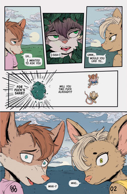 anthro dialogue duo female forest grass group hiding male male/female picnic plant predator/prey profanity romantic romantic_couple shrub stalking text tree trio young gogogrey keira_(balmung) domestic_cat felid feline felis mammal mouse murid murine rodent absurd_res comic english_text hi_res