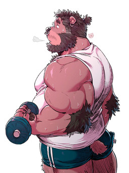 anthro barazoku belly black_nose bodily_fluids bottomwear butt clothing exercise male musclegut muscular shirt shorts simple_background solo sweat topwear white_background workout gamubear bear mammal 2020 hi_res