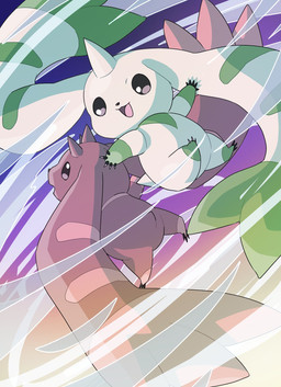 anthro beady_eyes brown_body brown_fur duo fur horn long_ears short_tail tail white_body white_fur wind quatrefolium517 bandai_namco digimon digimon_(species) lopmon terriermon hi_res sibling_(lore) twins_(lore)