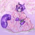 5_fingers anthro asian_clothing big_breasts breasts clothing east_asian_clothing eyebrows eyelashes female fingers flower fur geisha hair huge_breasts japanese_clothing kimono looking_at_viewer overweight overweight_anthro overweight_female parasol plant purple_body purple_eyes purple_fur purple_hair slightly_chubby solo tail auradeva shina_(daigo) mammal procyonid raccoon 1:1 2011