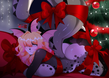 annoyed anthro arms_tied bdsm big_breasts big_butt big_tail black_nose black_spots blonde_hair blush body_blush bondage bound bow_ribbon breasts butt butt_blush christmas_decorations christmas_lights christmas_tree female glistening glistening_body glistening_butt grey_body hair heart_eyes heart_symbol holidays legs_tied long_hair lying markings multicolored_hair on_front pink_hair plant red_ribbon ribbon_bondage ribbons solo spots spotted_body tail tree two_tone_hair white_body markyanv_(artist) christmas nintendo pokemon fan_character eeveelution generation_1_pokemon pokemon_(species) vaporeon 2026 colored digital_drawing_(artwork) digital_media_(artwork) hi_res shaded