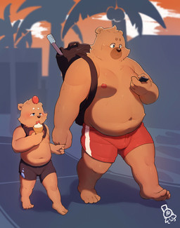 age_difference anthro backpack belly blush bottomwear brown_body brown_fur clothing dessert duo electronics food fur hand_holding humanoid_hands ice_cream kemono larger_male male moobs navel nipples older_male overweight overweight_male phone shorts size_difference smaller_male young young_anthro young_male younger_male piero03432812 bear mammal 2020 absurd_res hi_res