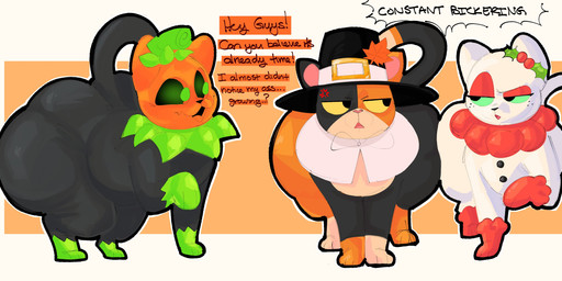 angry annoyed big_butt black_body black_clothing black_ears black_eyes black_fur black_hat black_headwear black_nose black_sclera black_tail butt capotain clothing cross-popping_vein exclamation_point eye_contact eyeshadow female feral food for_a_head front_view fruit fur glistening glistening_eyes green_body green_eyes green_fur green_sclera group half-closed_eyes hat headgear headwear holidays holly_(plant) leaf leaf_on_head looking_at_another makeup male mismatched_ears multicolored_body multicolored_fur multicolored_tail narrowed_eyes orange_body orange_ears orange_fur orange_tail pink_nose plant pumpkin pumpkin_head quadruped red_body red_eyeshadow red_fur red_tail smile tail tan_body tan_fur tan_tail text trio two_tone_body two_tone_fur two_tone_hat two_tone_tail white_body white_clothing white_ears white_fur white_hat white_headwear white_tail yellow_sclera sushiamazing halloween junipurr pumkat turkitty domestic_cat elemental_creature felid feline felis flora_fauna food_creature mammal object_head 2025 absurd_res digital_media_(artwork) english_text hi_res