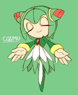 biped clothed clothing dress eyelashes eyes_closed female footwear green_background green_hair hair light_body light_skin midair plant shoes simple_background smile solo spread_arms text pokunchan sega sonic_the_hedgehog_(series) sonic_x cosmo_the_seedrian elemental_creature flora_fauna humanoid seedrian 2013 character_name digital_drawing_(artwork) digital_media_(artwork) full-length_portrait portrait