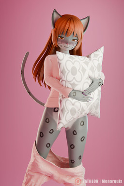 anthro clothing female hug hugging_object hugging_pillow pajamas pajamas_down pillow pink_clothed simple_background solo monarquis momo_(monarquis) felid mammal pantherine snow_leopard 2:3 3d_(artwork) absurd_res digital_media_(artwork) hi_res