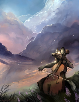 ambiguous_gender anthro bow_(stringed_instrument) bowed_string_instrument brown_body brown_eyes brown_fur cello cloud detailed_background flower fur grass landscape looking_up musical_instrument nature outside plant solo string_instrument white_body white_fur wind rhyu african_wild_dog canid canine mammal 2015 detailed hi_res