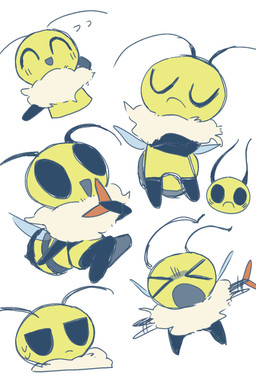 ambiguous_gender antennae_(anatomy) anthro biped black_eyes bodily_fluids boomerang crossed_arms eyes_closed hand_behind_head holding_boomerang mouth_closed neck_tuft open_mouth open_smile sitting smile solo standing stinger sweat sweatdrop tuft wings blipbugbug bug_fables moonsprout_games vi_(bug_fables) arthropod bee hymenopteran insect 2024 hi_res female_(lore)