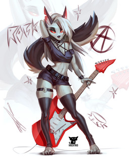 4_toes 5_fingers alternative_fashion anarchy_symbol anthro arm_over_head barefoot belt_buckle biped bottomwear bracelet breasts buckle claws clothed clothing collar crop_top drumming_stick electric_guitar eyelashes feet female fingers guitar hair hand_behind_head hands_behind_head jewelry legband legwear looking_at_viewer markings midriff musical_instrument navel notched_ear occult_symbol pentagram percussion_mallet plucked_string_instrument punk red_sclera rock_(genre) shirt shorts small_breasts solo spiked_bracelet spiked_collar spikes star_(marking) stockings string_instrument symbol tail thigh_highs thighband tight_clothing toe_claws toeless_legwear toeless_stockings toes topwear white_body white_hair yellow_eyes hacatiko hellaverse helluva_boss mythology loona_(helluva_boss) canid canid_demon canine demon hellhound mammal mythological_canine mythological_creature 4:5 hi_res
