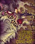 anthro dialogue fangs fur male red_nose solo teeth text facerot fairy_tales the_three_little_pigs big_bad_wolf canid canine canis mammal wolf 2012 4:5 english_text traditional_media_(artwork)