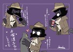 4_fingers anthro beak beverage biped black_beak black_hair blush clothed clothing coffee dark_body electronics female feral fingers hair hat headgear headwear heart_symbol microphone purple_background simple_background solo text bamboo_(artist) disney ducktales ducktales_(2017) inspector_tezuka avian bird corvid corvus_(genus) crow domestic_cat felid feline felis mammal oscine passerine 2020 absurd_res hi_res japanese_text signature translation_request