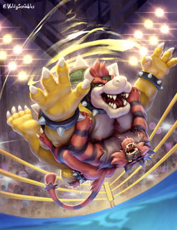 accessory anal anal_penetration anthro anthro_on_anthro anthro_penetrated balls big_muscles bodily_fluids bodyslam bracelet butt claws clothed clothing cock_ring collar competition cum duo feet fight fighting_ring fur genital_fluids genitals grin jewelry lights male male/male motion_lines multicolored_body multicolored_fur muscular nipples open_mouth penetration penis_accessory penis_jewelry saliva sex sexual_competition sexual_fight sharp_teeth shell smile spiked_bracelet spiked_collar spiked_shell spikes spikes_(anatomy) struggling teeth topless wrestling voldyscribbles mario_bros nintendo pokemon super_smash_bros. bowser felid feline generation_7_pokemon incineroar koopa mammal pantherine pokemon_(species) scalie tiger absurd_res digital_media_(artwork) hi_res
