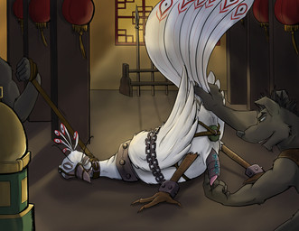 anal anal_penetration angry animal_genitalia anthro ass_up avian_butt bdsm bondage bound buttplug chain chastity_cage chastity_device detailed_background dildo disembodied_hand erection forced fully_bound gag gagged genital_slit genitals group imminent_rape imminent_sex inside leash leash_pull looking_back lying male male/male muzzle_(object) muzzled naughty_face nude on_front penetration penis plug_(sex_toy) raised_tail rape sex sex_toy side_view spread_legs spreading strapped_in_toy tail tapering_penis teasing text skunkjunkie dreamworks kung_fu_panda lord_shen avian bird canid canine galliform mammal peafowl phasianid hi_res korean_text